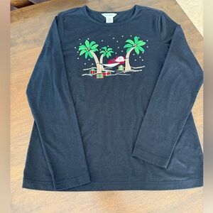 Sophia Jayne Women’s Christmas Long Sleeve Top – Santa Hammock Palm Tree –Size M